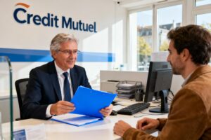 Banquier de 55 ans du Crédit Mutuel Granville aidant un client au comptoir avec dossier bleu vibrant