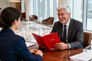 Banquier européen de 55 ans souriant chaleureusement face à un client avec dossier rouge LCL sur le bureau