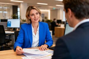 Floriane Wintrebert, conseillère financière vêtue d'une veste bleue, discute avec un client dans un bureau moderne