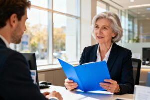 Conseillère d'une soixantaine d'années consultant un client dans une agence bancaire moderne en Bretagne, dossier bleu vif sur le bureau