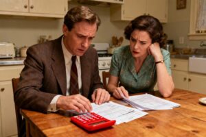 Couple européen de 50 ans analysant des documents financiers à table avec une calculatrice rouge vive