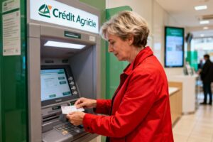 Femme en veste rouge déposant un chèque dans un distributeur automatique Crédit Agricole