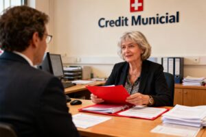 Femme de 55 ans en consultation financière avec un conseiller du Crédit Municipal, tenant un dossier rouge