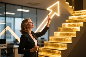 Femme européenne déterminée tendant la main vers un escalier doré ascendant dans un bureau moderne flou