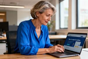 Femme de 55 ans en blouse bleue utilisant son compte CPF sur ordinateur dans un bureau moderne