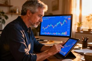 Homme d'âge mûr analysant des graphiques financiers sur une tablette dans un bureau à domicile éclairé naturellement