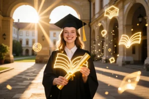 Jeune femme souriante tenant un diplôme lumineux dans la cour de l'université de Bourgogne avec architecture néo-classique