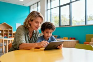 Une mère européenne de 45 ans aide son enfant à utiliser une tablette dans un centre familial moderne avec un mur turquoise vibrant