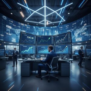 Trader professionnel analysant les données boursières sur plusieurs écrans avec graphiques et indices financiers en temps réel