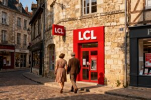 Façade de l'agence LCL avec son enseigne rouge vif dans les rues médiévales de Crépy-en-Valois