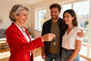 Agent immobilier en veste rouge remettant les clés d'un appartement ensoleillé à un couple souriant