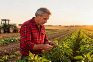 Agriculteur de 55 ans en chemise à carreaux rouges examinant des cultures biologiques dans un champ au coucher du soleil