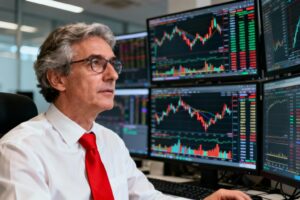 Analyste financier dans son bureau moderne analysant des données boursières sur plusieurs écrans avec une cravate rouge vive