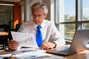 Analyste financier européen examinant des graphiques d'investissement dans un bureau moderne avec ordinateur portable