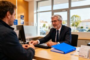 Banquier souriant aidant un client avec un dossier bleu vif dans une agence moderne du Crédit Mutuel à Montaigu