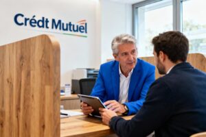Banquier en veste bleue aidant un client avec une tablette dans une agence Crédit Mutuel moderne avec éléments en bois