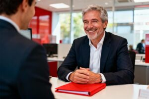 Banquier européen de 55 ans souriant chaleureusement à un client, tenant un dossier rouge vif sur un bureau moderne