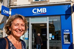 Façade moderne de l'agence CMB à Gouesnou avec logo bleu et une cliente souriante entrant dans le bâtiment