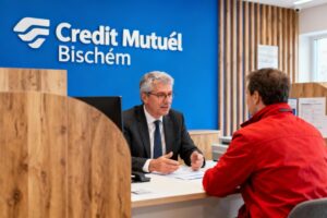 Conseiller de Credit Mutuel Bischheim en conversation avec un client devant un comptoir bancaire moderne