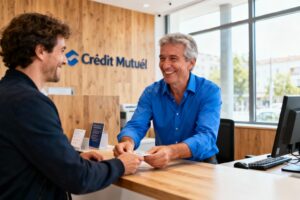 Conseiller bancaire souriant en chemise bleue aidant un client au guichet d'une agence Crédit Mutuel avec décoration en bois naturel
