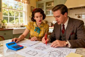Couple européen dans la cinquantaine analysant des documents financiers et des plans de maison avec une calculatrice bleue et un stylo rouge sur une table de cuisine