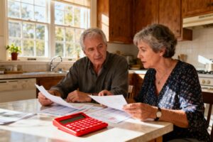 Couple européen d'une cinquantaine d'années examinant des documents financiers sur une table de cuisine avec calculatrice rouge