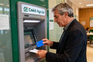 Homme de 55 ans insérant un chèque dans l'automate Crédit Agricole avec carte bleue en main