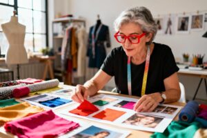 Designer de mode travaillant sur un tableau d'inspiration avec des échantillons de tissus colorés dans un studio moderne