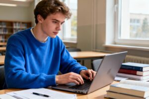 Jeune étudiant européen de 25 ans naviguant sur l'intranet universitaire depuis son ordinateur portable dans un environnement d'étude moderne