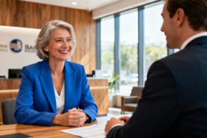 Femme d'affaires souriante en blazer bleu discutant avec un conseiller bancaire dans un bureau moderne