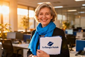 Femme d'affaires souriante tenant un dossier avec le logo La Banque Postale dans un bureau moderne