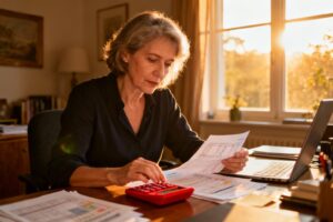Femme d'affaires européenne analysant des documents financiers avec une calculatrice rouge dans un bureau éclairé par la lumière naturelle