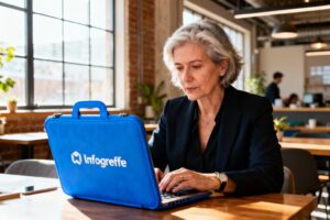 Femme d'affaires européenne de 50 ans travaillant sur Infogreffe dans un espace coworking moderne avec étui bleu vif
