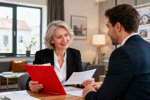 Femme discutant avec un agent immobilier en train d'examiner des documents dans un dossier rouge, bureau contemporain