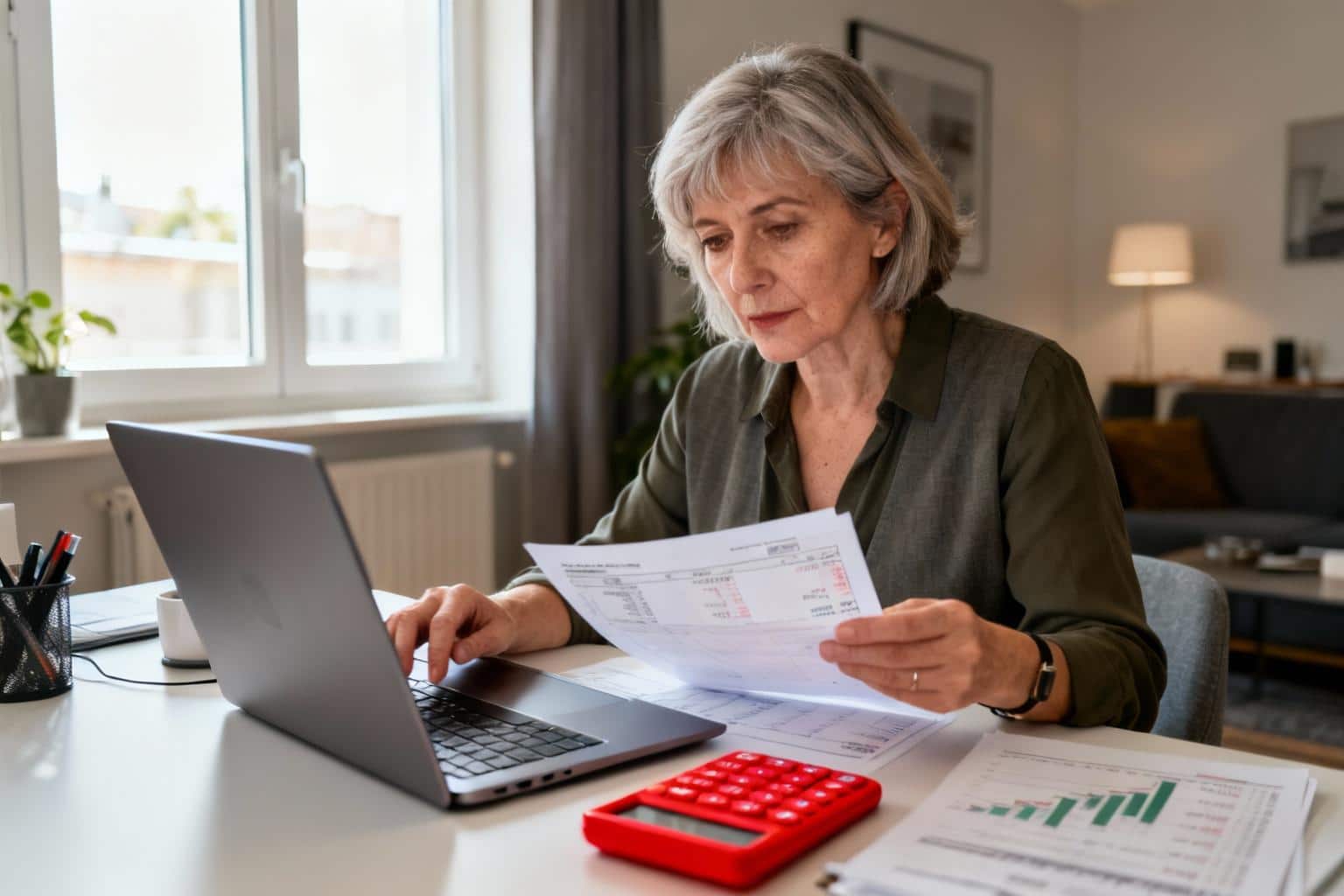 Femme de 55 ans concentrée devant son ordinateur portable avec des documents financiers et une calculatrice rouge