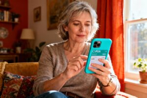 Femme de 55 ans utilisant l'application Cofidis sur son smartphone avec coque turquoise dans un intérieur chaleureux