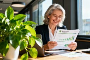 Femme de 55 ans souriante examinant des dossiers d'investissement vert dans un bureau bancaire moderne avec plante