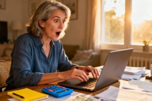 Femme d'une cinquantaine d'années calculant son salaire sur ordinateur portable avec calculatrice bleue et bloc-notes jaune