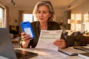 Femme de 55 ans comparant une application bancaire sur smartphone avec des documents papier dans un bureau moderne