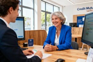 Conseillère bancaire en blazer bleu discutant avec une cliente souriante dans une agence moderne