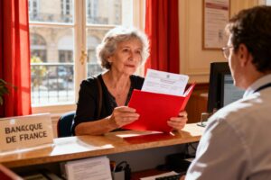 Femme de 58 ans en consultation à la Banque de France, tenant des documents dans un dossier rouge, ambiance chaleureuse et naturelle