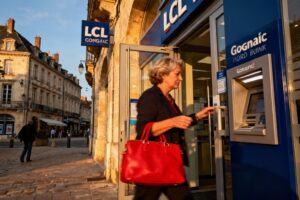 Femme de 55 ans avec sac à main rouge entrant dans l'agence bancaire LCL à Cognac, bâtiments historiques en arrière-plan