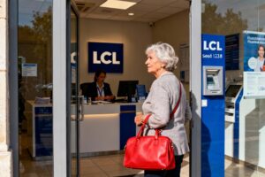 Femme de 60 ans entrant dans l'agence LCL Rochefort avec un sac à main rouge vif, intérieur moderne