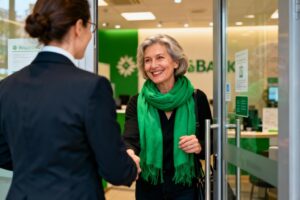 Femme de 55 ans souriante avec une écharpe verte entrant dans une agence Crédit Agricole, accueillie par un conseiller