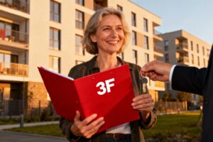 Femure souriante de 55 ans tenant un dossier rouge avec logo 3F devant un bâtiment de logements sociaux modernes