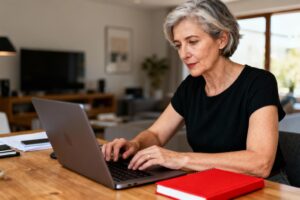Femme européenne dans la cinquantaine travaillant sur un ordinateur portable avec un cahier rouge dans un bureau à domicile lumineux