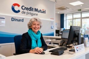 Femme de 60 ans souriante devant le comptoir de l'agence Crédit Mutuel Dinard, portant une écharpe turquoise