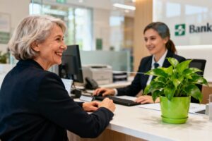 Femme âgée souriante discutant avec un conseiller bancaire dans une agence moderne avec plante verte sur le comptoir