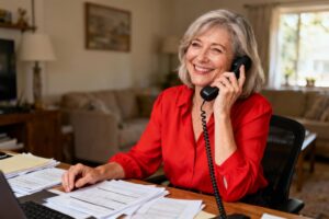 Femme de 55 ans souriante en conversation téléphonique, portant une blouse rouge dans un bureau à domicile