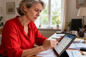 Femme de 55 ans en train de vérifier un relevé bancaire sur une tablette dans un bureau à domicile, portant une blouse rouge vif